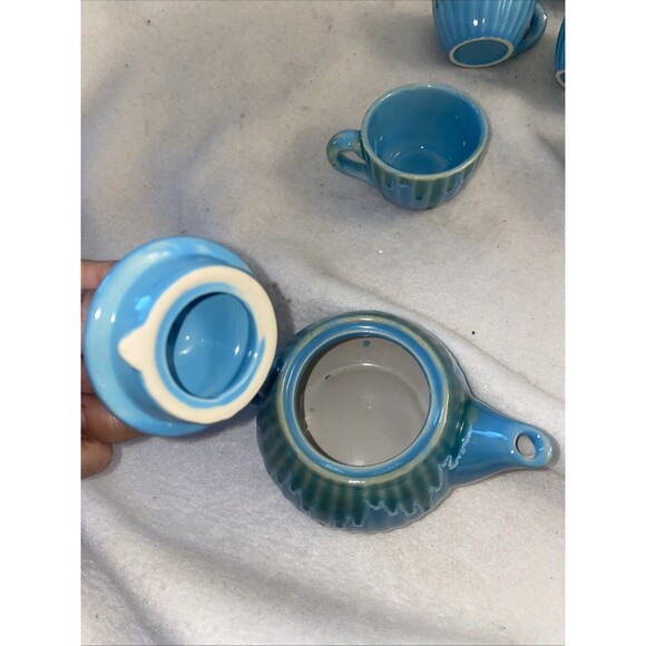Hand Painted Pottery Tea Set Sicily Italy 6 Cups Teapot Plates Blue Ceramic - Picture 8 of 9